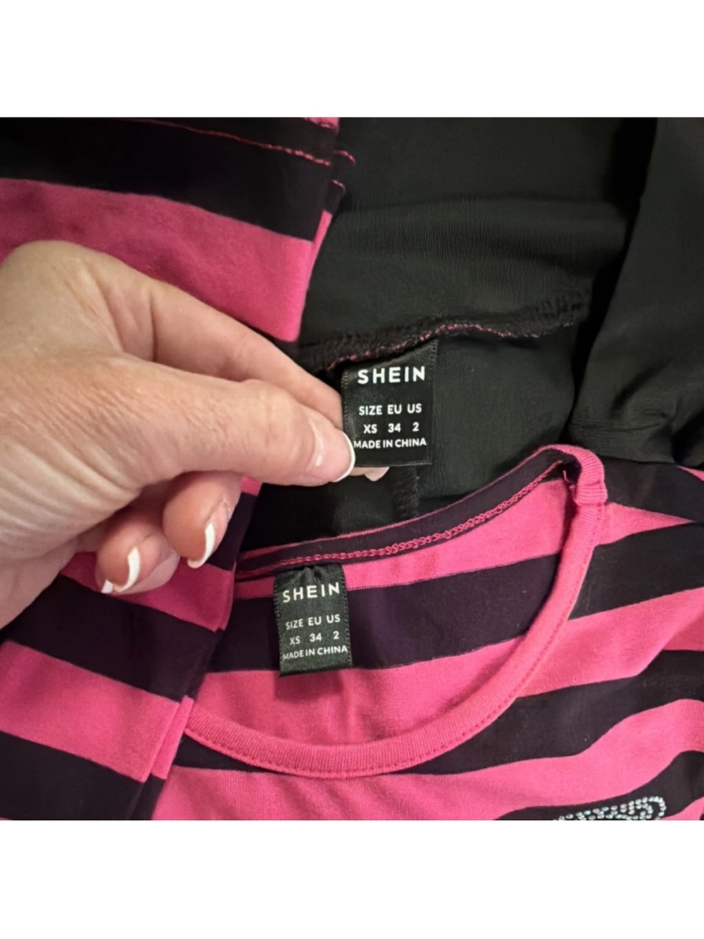 SHEIN Black and Pink Polka Dot Mesh Layered Skort & cropped top with rhinestones - Picture 5 of 6